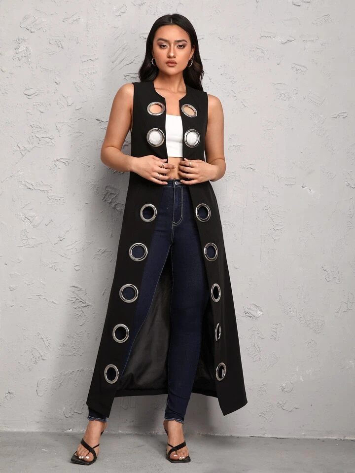 SHEIN X RAQUEL Grommet Eyelet Detail Open Front Sleeveless Coat | SHEIN