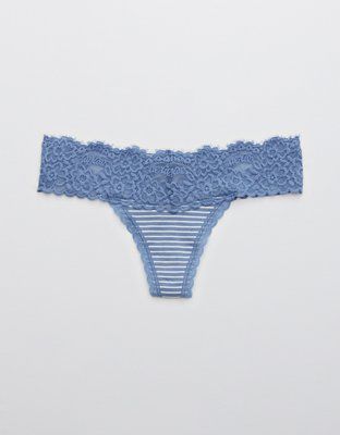 Aerie Cotton Eyelash Lace Striped Thong Underwear | American Eagle Outfitters (US & CA)