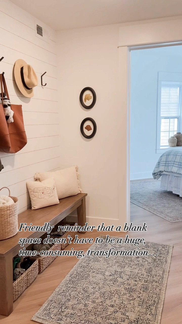 A simple but impactful entryway update! #entryway #entrywaybench #mudroom #peelandstickwallpaper #shiplap #coastalstyle #neutraldecor 

#LTKHome #LTKFindsUnder50 #LTKFindsUnder100