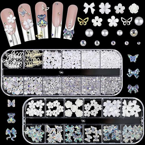 Rhinestones for Nails – Bow Nail Charms 520 Pcs Set with Gems, Butterfly Charms, 3D Flowers & Сrystals – Alloy Jewels for Nail Art, DIY Decorations, Weddings, Party Manicures & Creative Y2K Designs | Amazon (US)