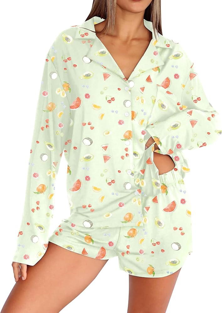Dressmine Pajama Sets for Women 2 Piece Shorts Cute Button Up Pjs Set Fall Sleepwear Long Sleeve ... | Amazon (US)