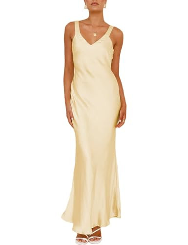 UEZOU Satin V Neck Maxi Dress for Women Wedding Guest 2026 Summer Formal Elegant Cocktail Sleeveless Long Dresses Backless Yellow | Amazon (US)