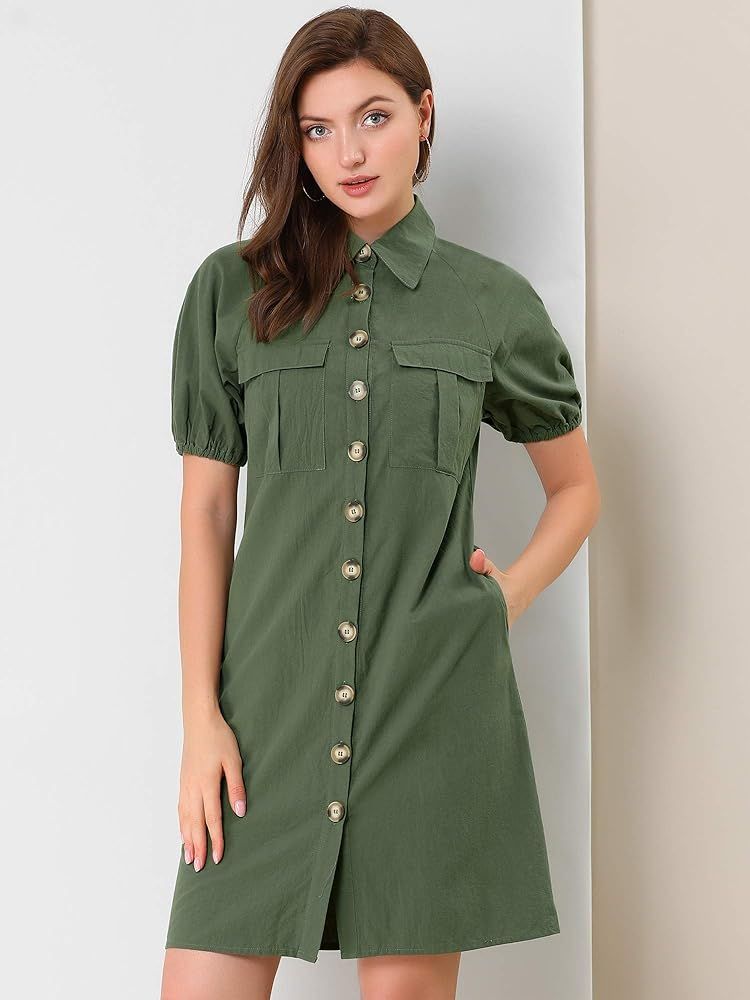 Allegra K Women's Safari Dress Saint Patrick's Day Collared Button Down Cotton Belted Shirtdress | Amazon (US)