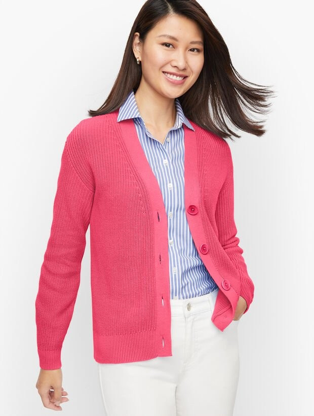 Pima Shaker Stitch Bishop Sleeve Cardigan | Talbots