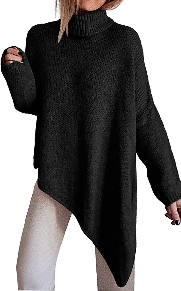 BTFBM Women Long Sleeve Turtleneck Knit Sweater Asymmetric Hem Oversized Fall Winter Sweaters Casual | Amazon (US)
