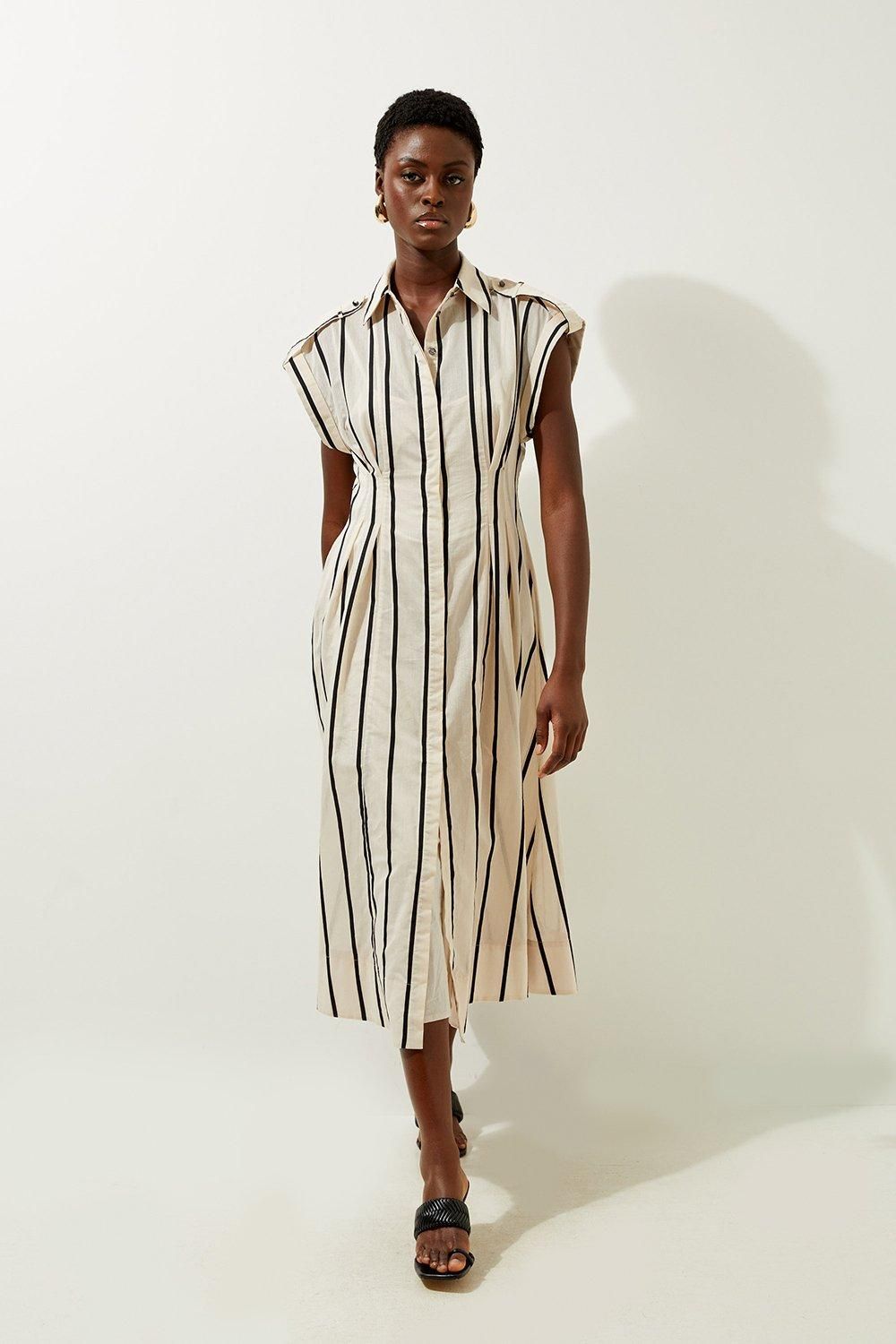 Organdie Mono Stripe Woven Belted Shirt Dress | Karen Millen US