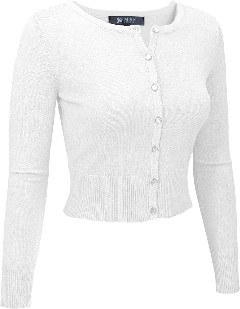 YEMAK Women's Cropped Cardigan Sweater – Long Sleeve Crewneck Basic Classic Casual Button Down ... | Amazon (US)