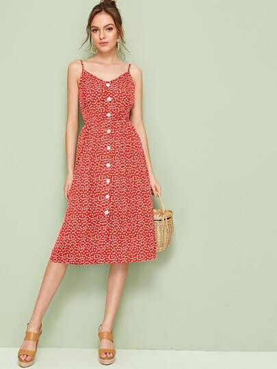 Ditsy Floral Button Front Shirred Cami Sundress | SHEIN