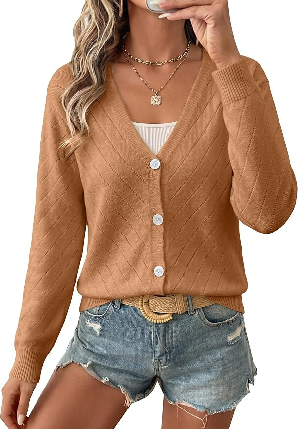 EVALESS Women's Long Sleeve Cardigan Sweaters Button Up V Neck Knit Tops | Amazon (US)