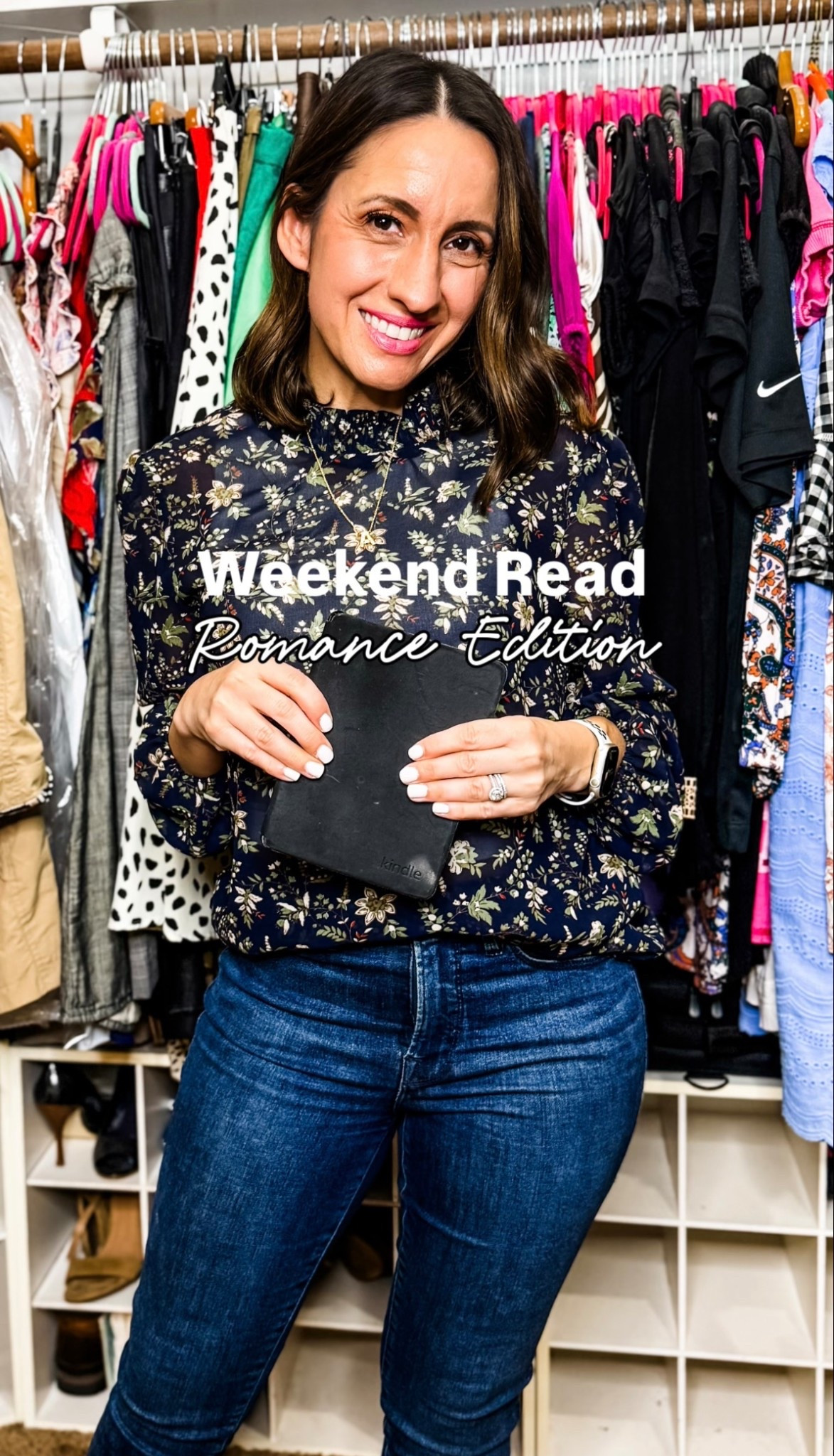 Hi! My Friday weekend read is a few days early. This week’s book is Please Don’t Let Go by E. Salvador. This is an emotional amazing read. Read the blurb on the back of the book. It’s so good. 
Floral top runs tts 
Good American jeans run tts. 
Kendra Scott A necklace. 
Kindle Paperwhite 
Petite finds 

#LTKOver40 #LTKSaleAlert #LTKPetite