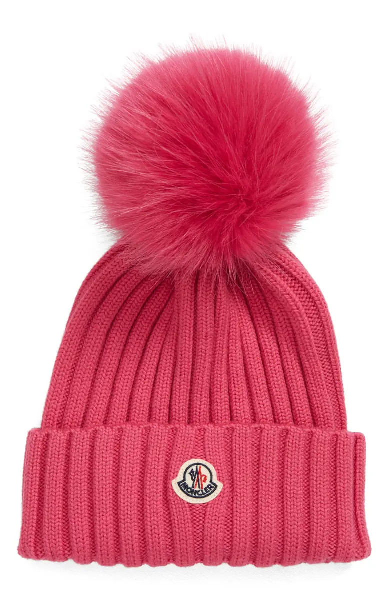 Moncler Wool Rib Beanie with Faux Fur Pompom | Nordstrom | Nordstrom