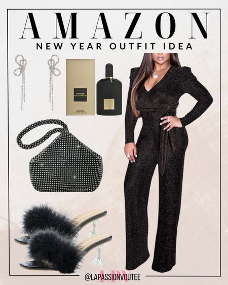 Dazzle and dance into the New Year! Illuminate the night in a sparkly jumpsuit paired with sultry stiletto mules. Complete the look with a radiant rhinestone clutch, a spritz of captivating perfume, and the perfect finishing touch – shimmering rhinestone earrings. Shine bright as you welcome the festivities!

#LTKHoliday #LTKSeasonal #LTKstyletip