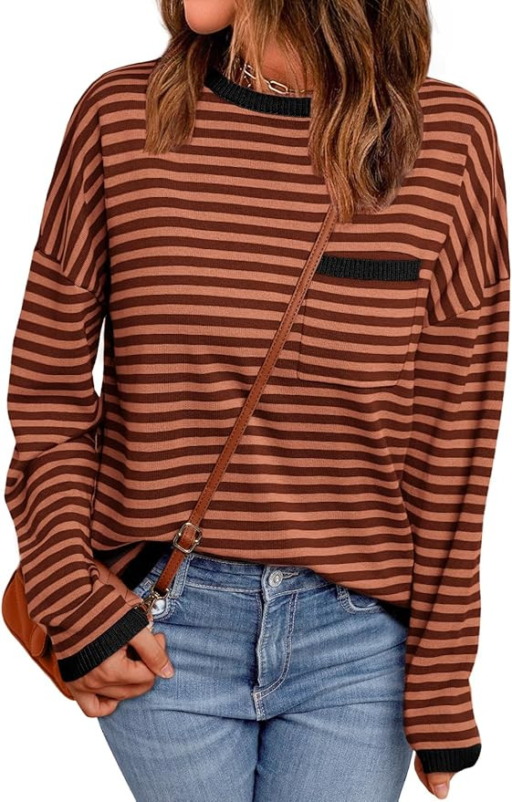 LILLUSORY Womens Oversized Striped Soft Knit Pullover Sweater Shirts with Chest Pocket | Amazon (US)