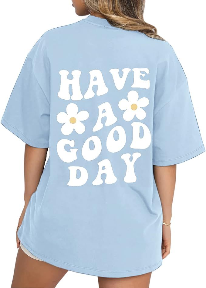 Cioatin Women’s Aesthetic Y2K Oversize Tee Shirt Top Floral Slogan Letter Graphic Drop Shoulder... | Amazon (US)