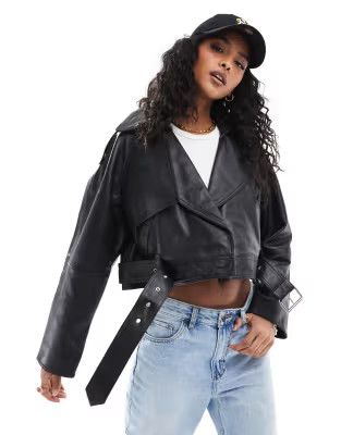 ASOS DESIGN leather oversized cropped trench coat in black | ASOS (Global)