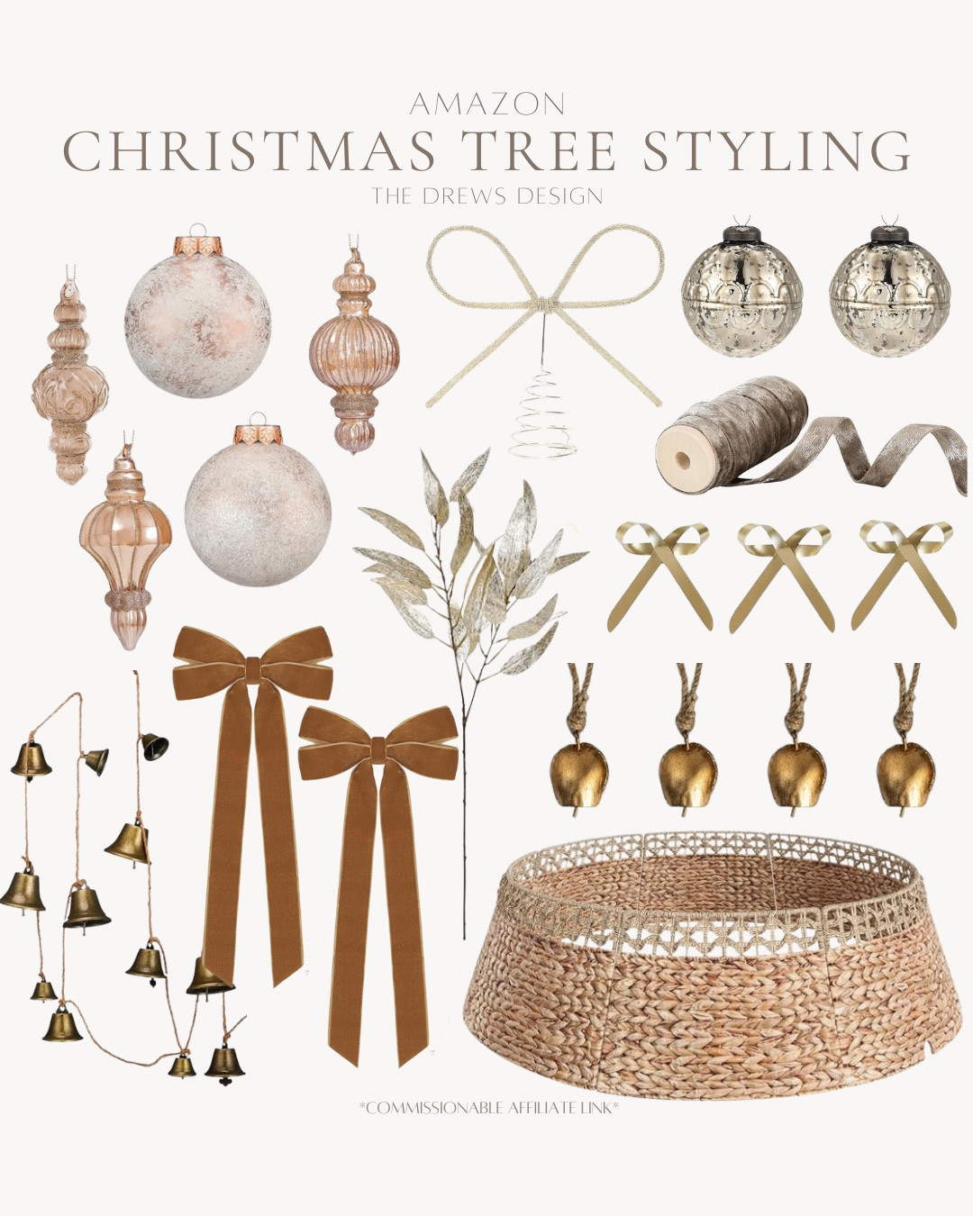 Amazon Christmas tree styling includes tree collar, golden bells, golden bows, velvet ribbon, mercury glass ornaments, bell garland, ornaments, bow topper, and Christmas stems.

Christmas decor, Christmas tree styling, tree decor, Neutral Christmas treee

#LTKSeasonal #LTKFindsUnder50 #LTKHoliday