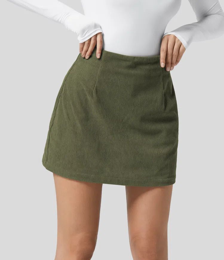 High Waisted Invisible Zipper 2-in-1 Mini A-line Corduroy Casual Skirt | HALARA