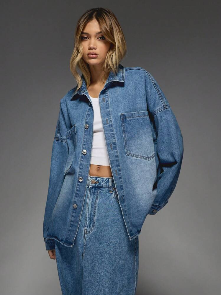 MISSGUIDED Washed Faded Oversized Denim Shirt Blouse Winter Wear | SHEIN