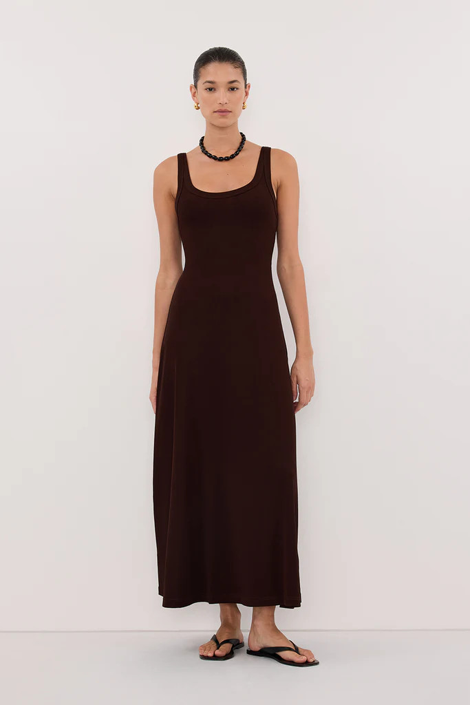 PHOEBE BURNT CHOC SLEEVELESS SCOOP NECK MIDI DRESS | DISSH