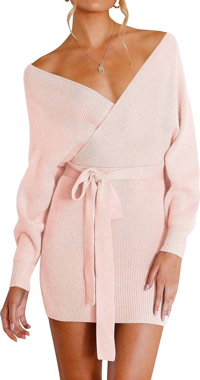 ZESICA Women's Long Batwing Sleeve Wrap V Neck Knitted Backless Bodycon Pullover Sweater Dress wi... | Amazon (US)