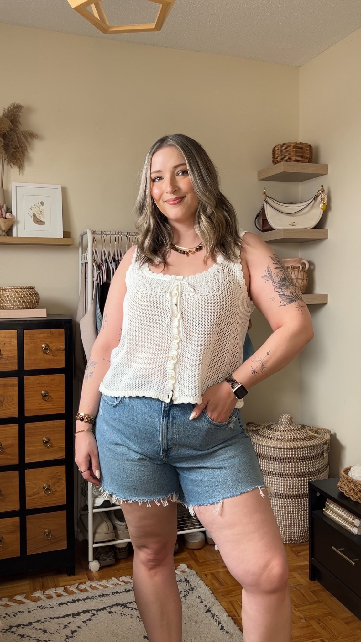Love this crochet tank top from Old Navy! Wearing my usual size L, Canadian link under “similar products”. The mesh is fine enough that I don’t think you need a cami underneath. Denim shorts are Abercrombie, wearing 32 (size up!)

#LTKsummer #LTKmidsize #LTKsale