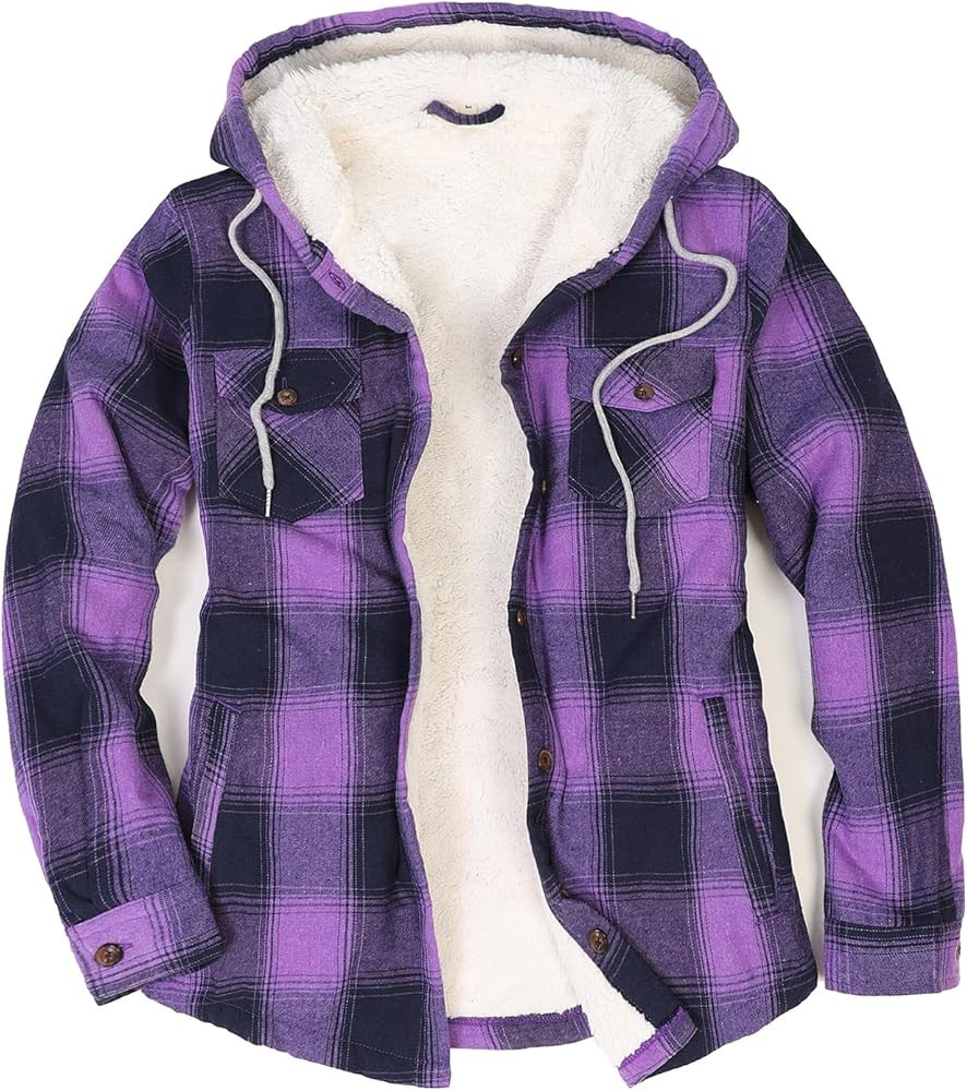 ZENTHACE Women's Sherpa Lined Plaid Flannel Jacket Button Down Hooded Flannel Shirt Jacket Warm S... | Amazon (US)