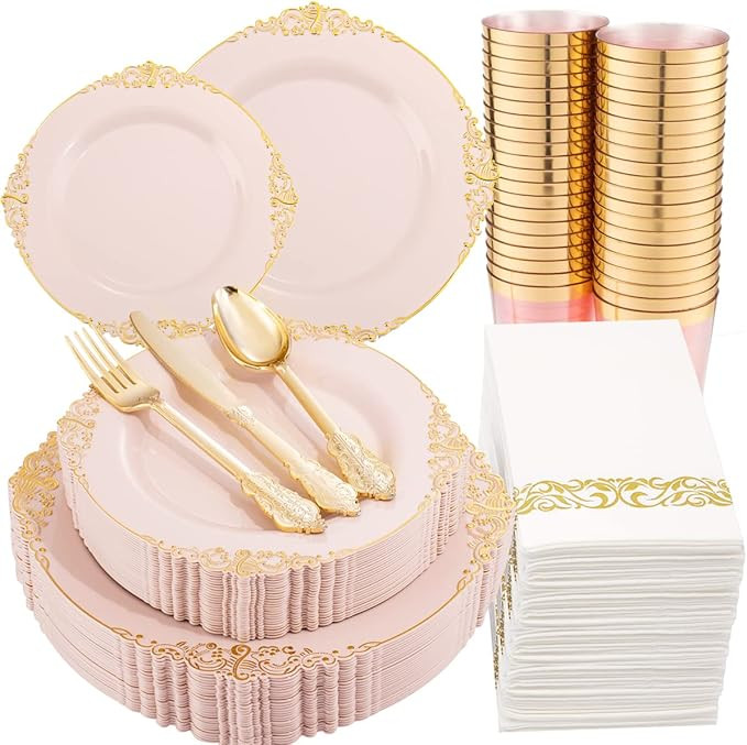 Morejoy 175pcs Pink Gold Plastic Plates-Pink Disposable Plates include: 25 Dinner Plates,25 Desse... | Amazon (US)