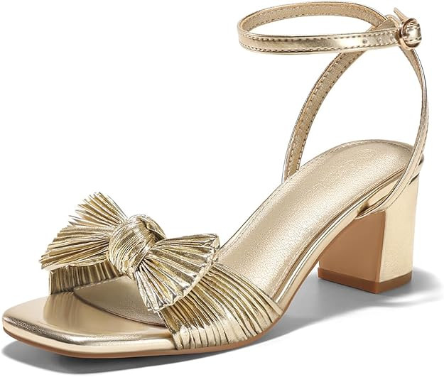 Coutgo Womens Pleated Bow Sandals Block Low Heel Wedding Bride Shoes Open Toe Ankle Strap Dressy ... | Amazon (US)