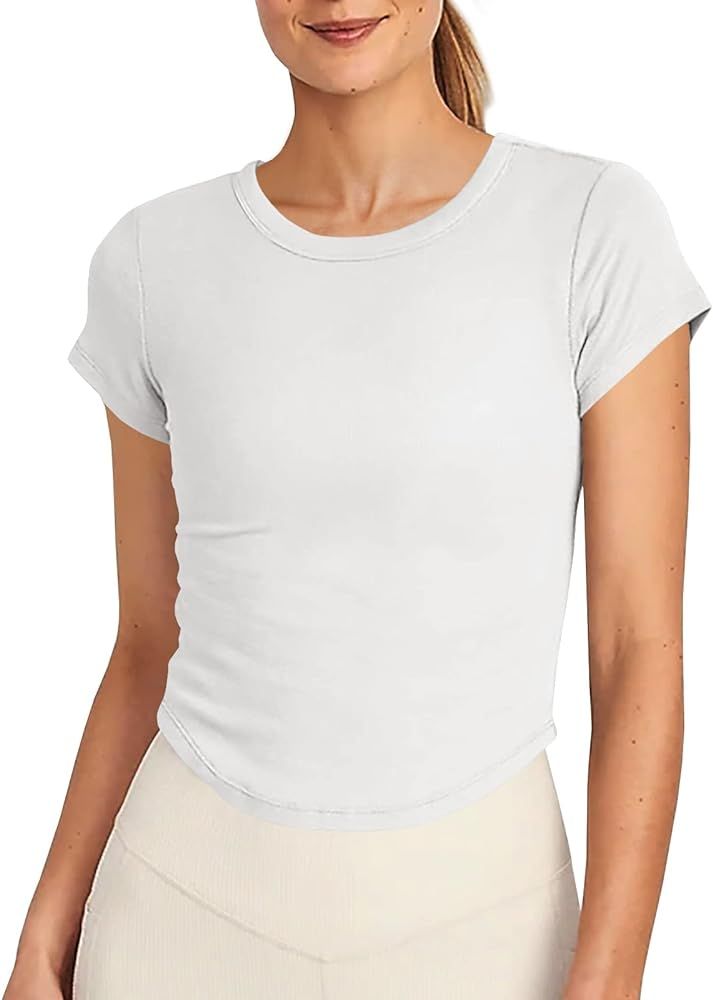 Lynwitkui Womens Crew Neck Short Sleeve Tops Slim Fit Ribbed Knit Curved Hem Basic T Shirt | Amazon (US)
