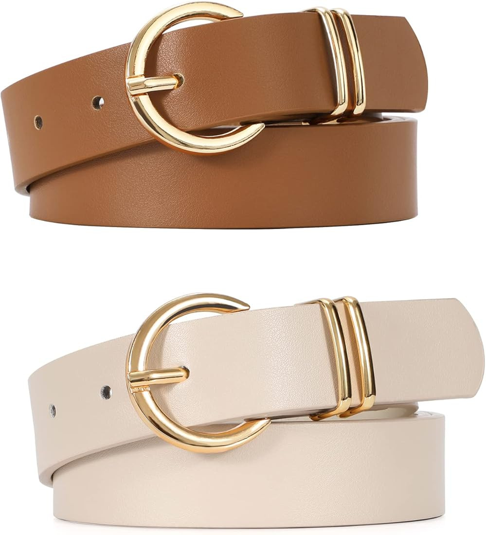 2 Pack Women's Leather Belts for Jeans Dresses Fashion Gold Buckle Ladies Belt | Amazon (US)