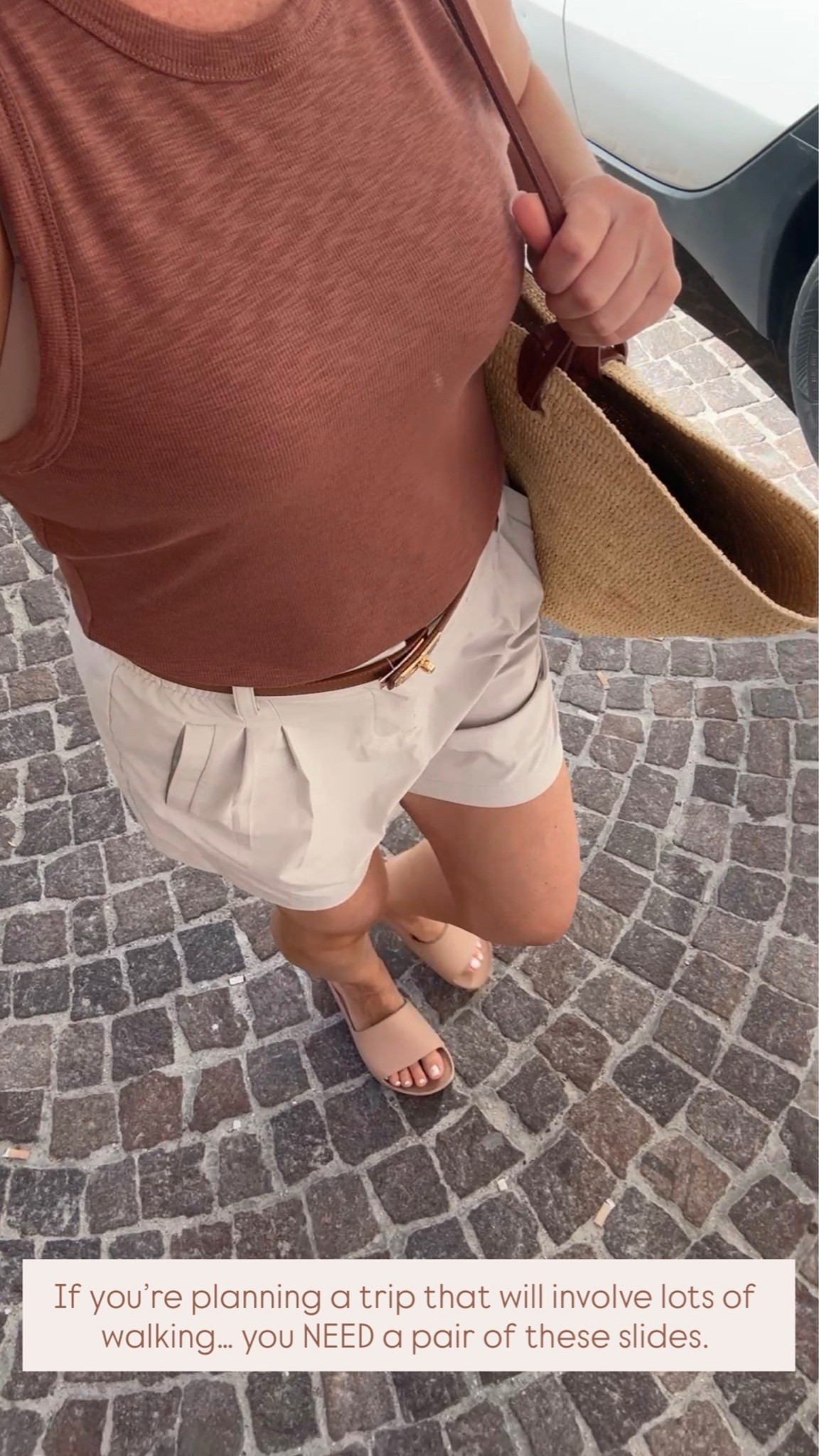 This is one of my favorite outfits from last summer and I’m definitely packing it for Italy again if you’re going on a vacation where you need to be walking around a lot and you know your feet are going to be doing a lot. These slides are a no-brainer. I literally wear them everywhere. I’m more than walking around Italy all of our touring last summer. I wear them every day you just throw them in the wash they come out looking brand new. The arch is so supportive and comfortable, and your feet will be walking on a cloud all day long promise I’m wearing a size 7. I’m normally a 7 1/2 but I sized half size down because they do not come in half sizes.