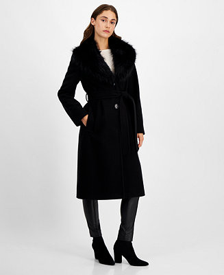 Women's Belted Faux-Fur-Collar Walker Coat | Macy's