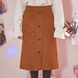 Button-Front Corduroy Midi Skirt | YesStyle Global