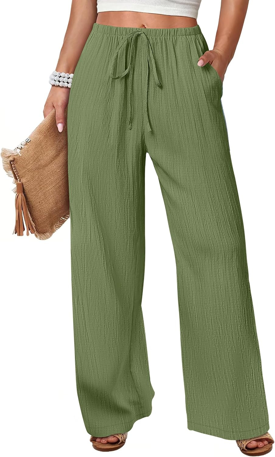 ANRABESS Womens Wide Leg Casual Flowy Elastic Waist Beach Palazzo Pants | Amazon (US)