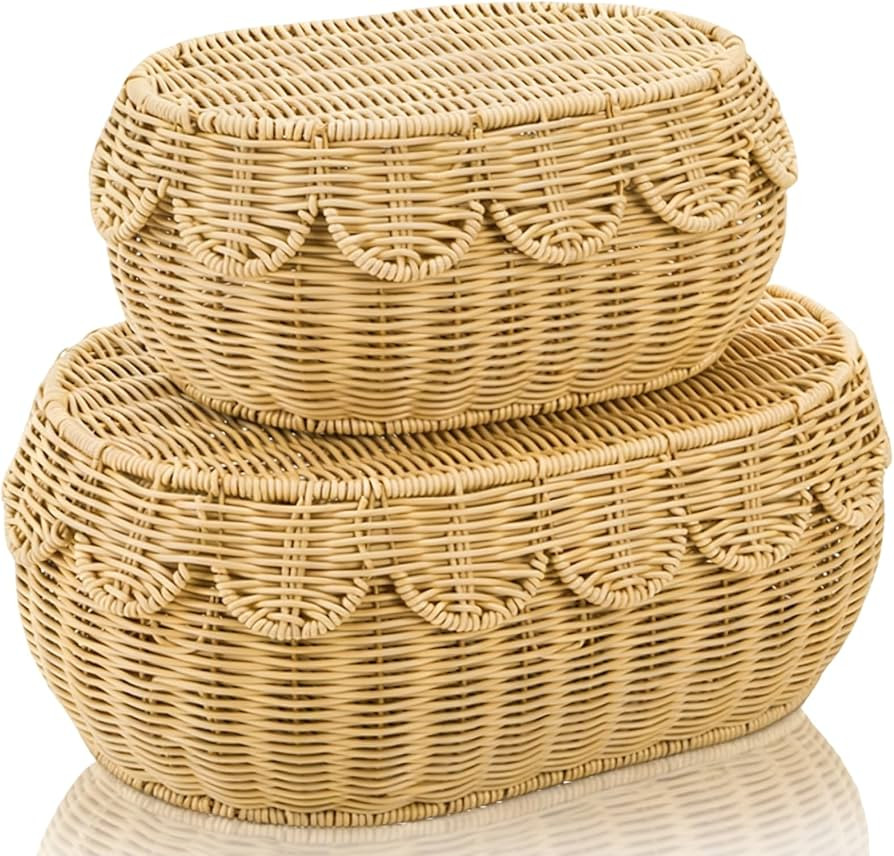 Tebery Set of 2 Wicker Storage Baskets with Lid, Hand Woven Scalloped Basket Boxes for Shelf, Stu... | Amazon (US)
