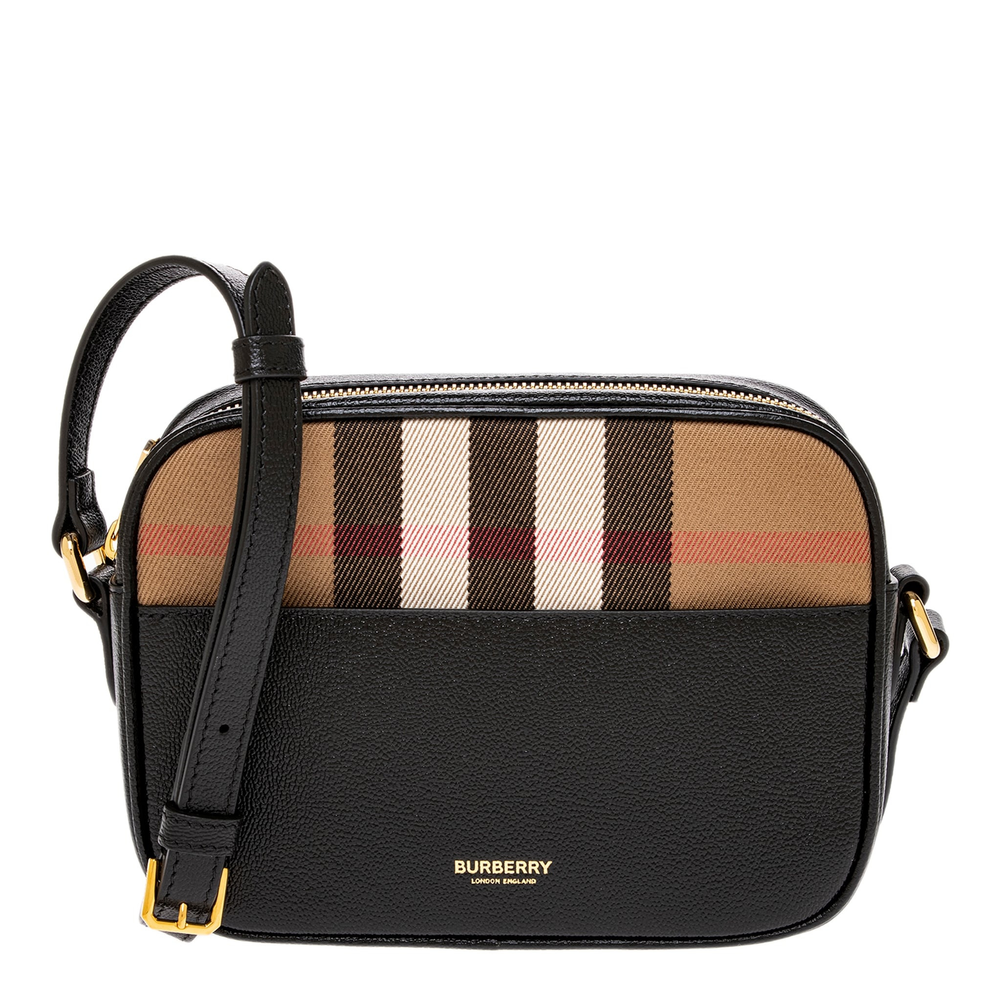 Burberry Small House Check & Leather Camera Bag - Black + Taupe Check | Overstock