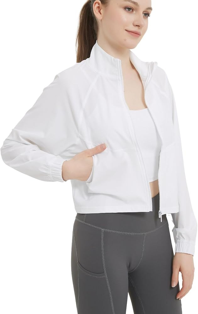happlan Women's UPF 50+ Sun Protection Athletic Running Gym Yoga Long Sleeve Cropped Zip Up Worko... | Amazon (US)