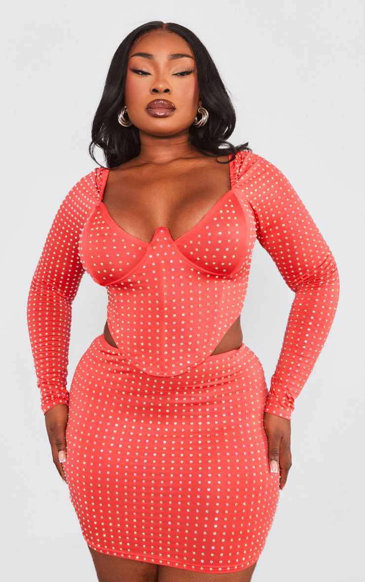 Plus Red Diamante Hot Fix Long Sleeve Corset | PrettyLittleThing US