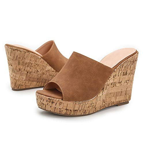 LEHOOR Cork Wedge Mules for Women Platform Slide Sandals Peep Toe, High Wedge Slippers 4.5Inch Microfiber Suede Tan 8.5 M US | Amazon (US)