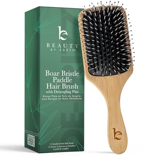 Boar Bristle Paddle Hair Brush - Smoothing Wood Brush for Thick, Curly & Wavy Hair, Detangling Natural Bristles for Women, Stimulates Scalp | Amazon (US)
