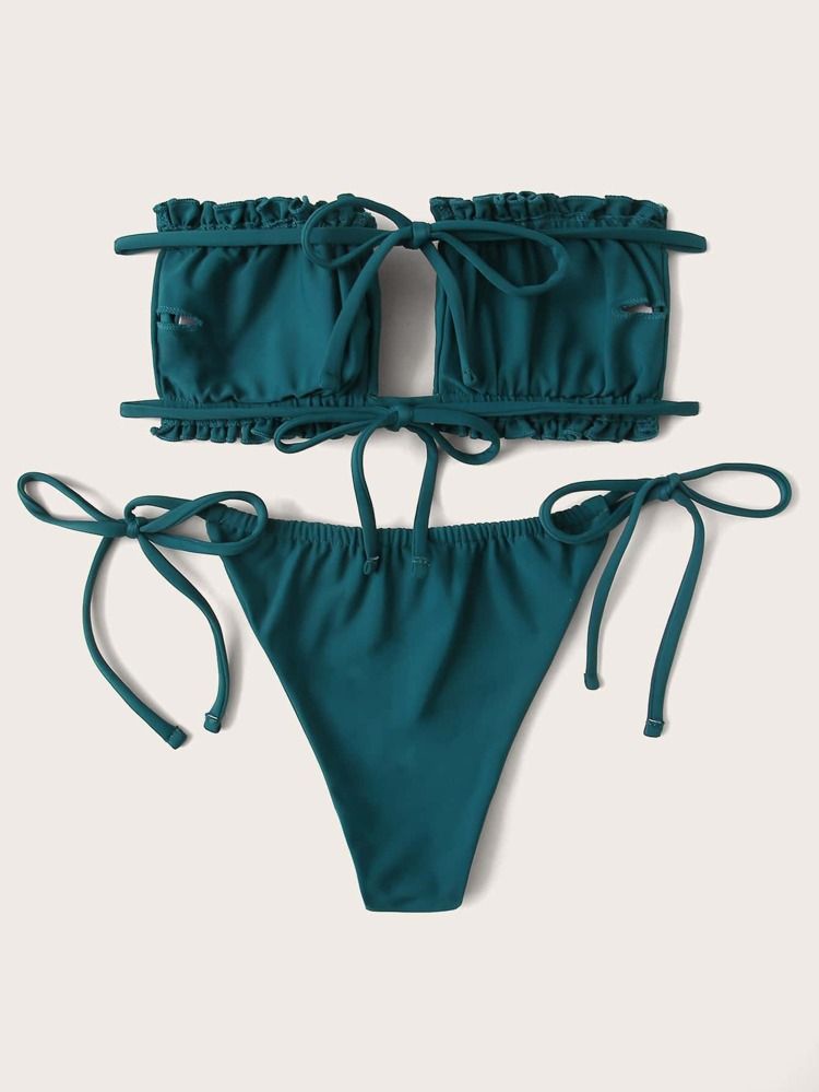 Frill Trim Ruched Bandeau Tie Side Bikini Swimsuit | SHEIN