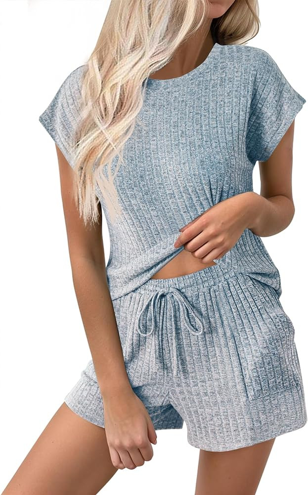 Ekouaer Pajamas for Women Ribbed Knit Lounge Set Cap Sleeve Top and Shorts Loungewear Sleepwear w... | Amazon (US)