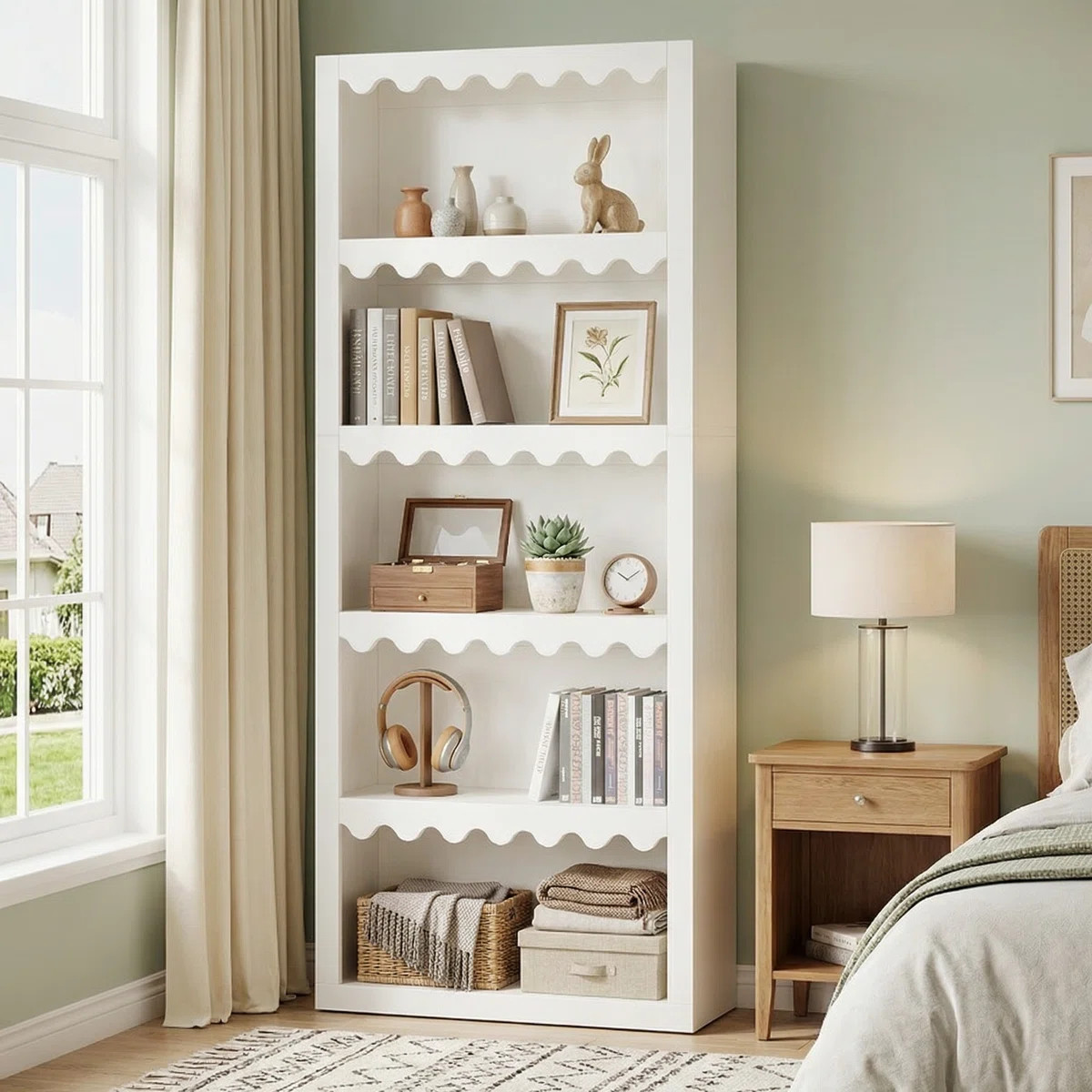 5-Tier White Bookcase, Tall Bookshelf With Scalloped Edges For Living Room | Wayfair North America