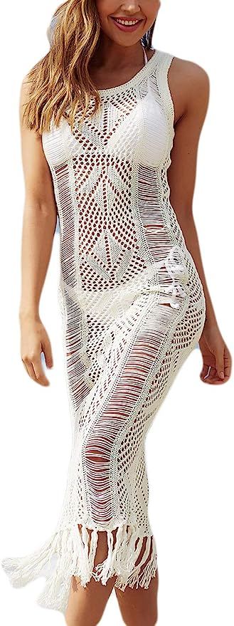Bsubseach Women Lace Up V Neck Long Sleeve Crochet Swimsuit Cover Up Dress | Amazon (US)