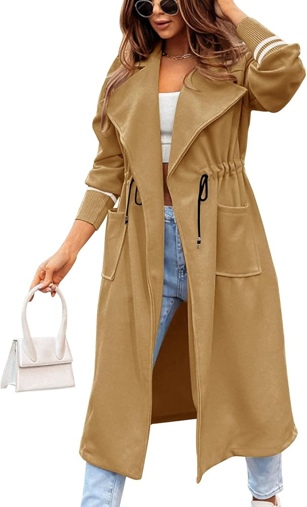 Fazortev Women Coat Pocket Casual Drawstring Waist Open Front Classic Lapel Overcoat | Amazon (US)