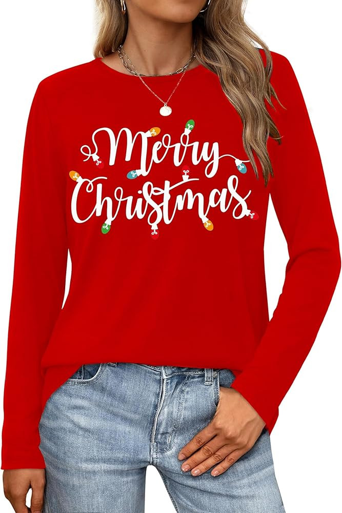Christmas Shirts for Women: Merry Christmas Letter Print T-Shirts Xmas Tree Graphic Long Sleeve T... | Amazon (US)