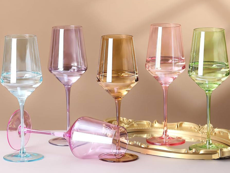 Physkoa Colored Wine Glasses Set of 6-14oz, Unfading Color, Hand-Blown, Thin Rim, Stemmed Colorfu... | Amazon (US)