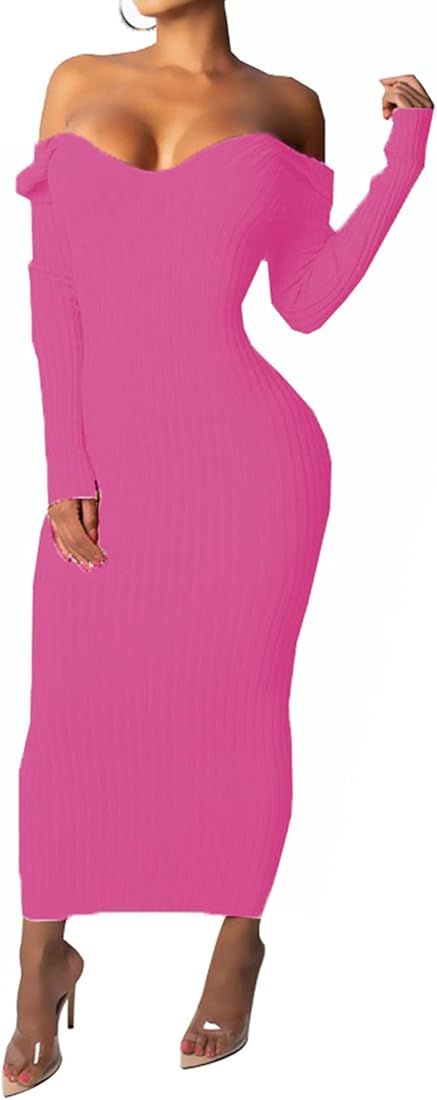 Women's Off Shoulder Long Sleeves Bodycon Sweater Dress Sexy Knit Slim Cardigans | Amazon (US)