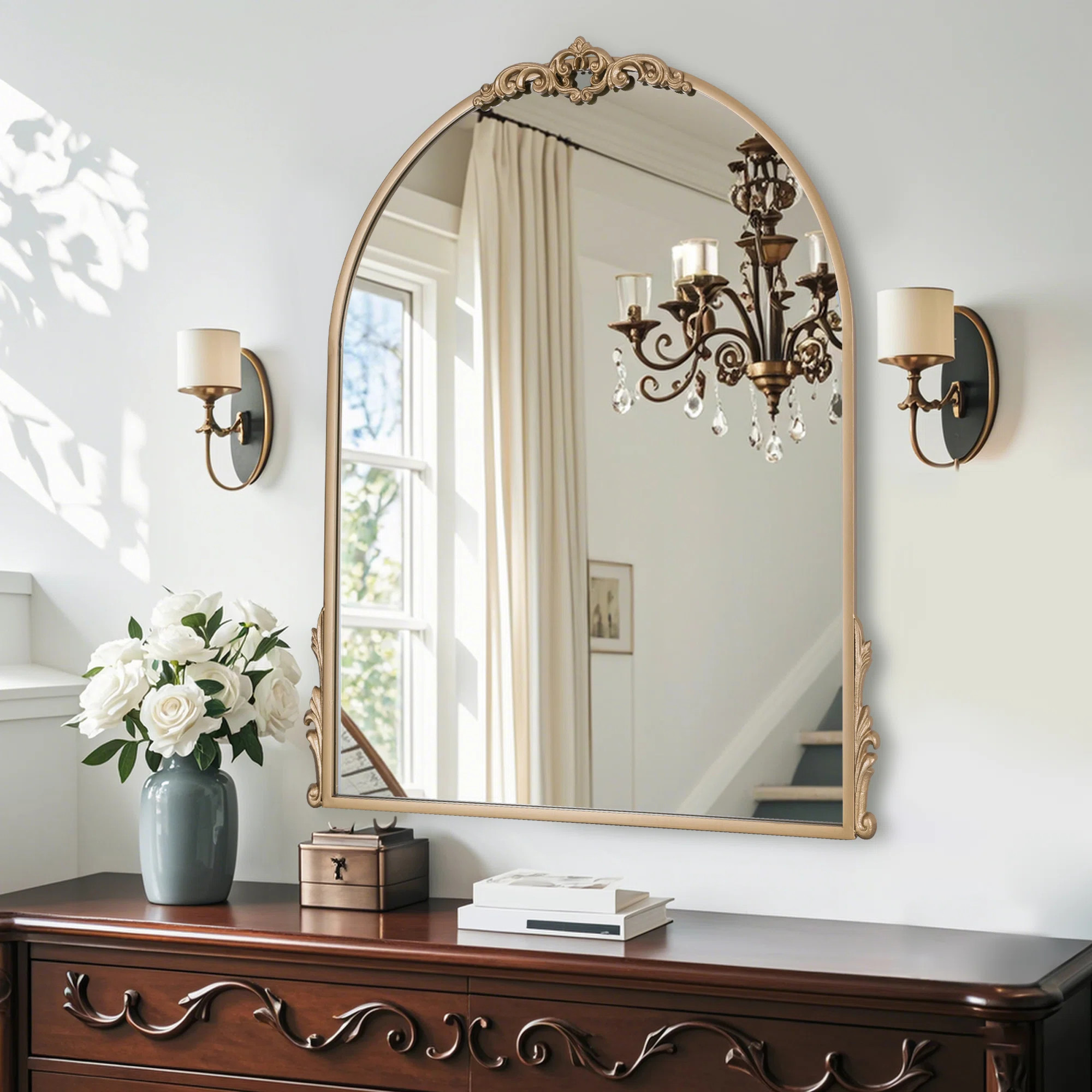 36" x 30" Vintage Metal Framed Black Baroque Arched Decorative Wall Mounted Mirror For Living Roo... | Wayfair North America