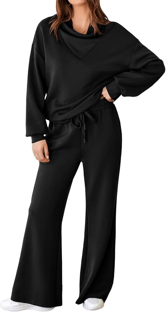 Aleumdr Women's 2 Piece Outfits Lounge Set Mock Neck Long Sleeve Sweatshirt With Wide Leg Pants S... | Amazon (US)
